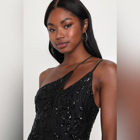 NWT Lulus Black Sequin One-Shoulder Mini Dress Medium - Picture 11 of 12